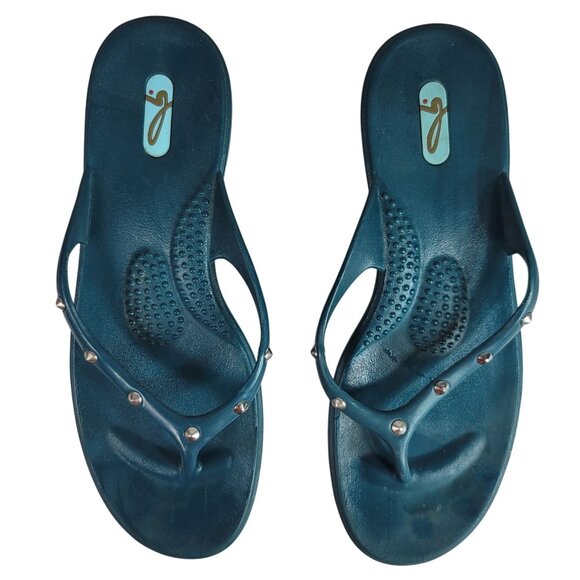 Oka B Thong Sandals Green Med Large Stud Flip Flops Flats Slip On Rubber READ - Picture 1 of 8